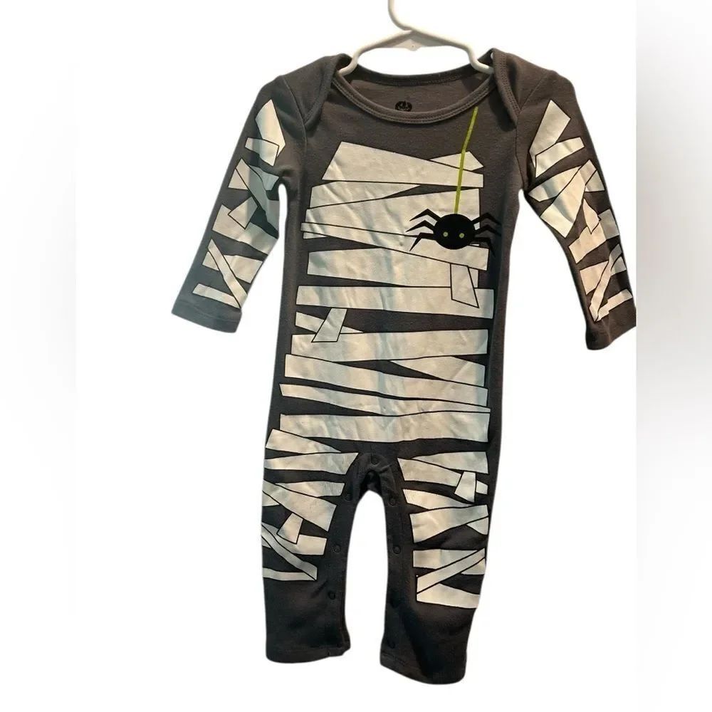 Baby Mummy Halloween Romper Bodysuit – Long Sleeve One-Piece w/ Spider Print 6-9